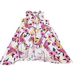 Jessica London Linen Hi Low Tunic Top 16W Tie Back Tropical Resort Travel Hawaii